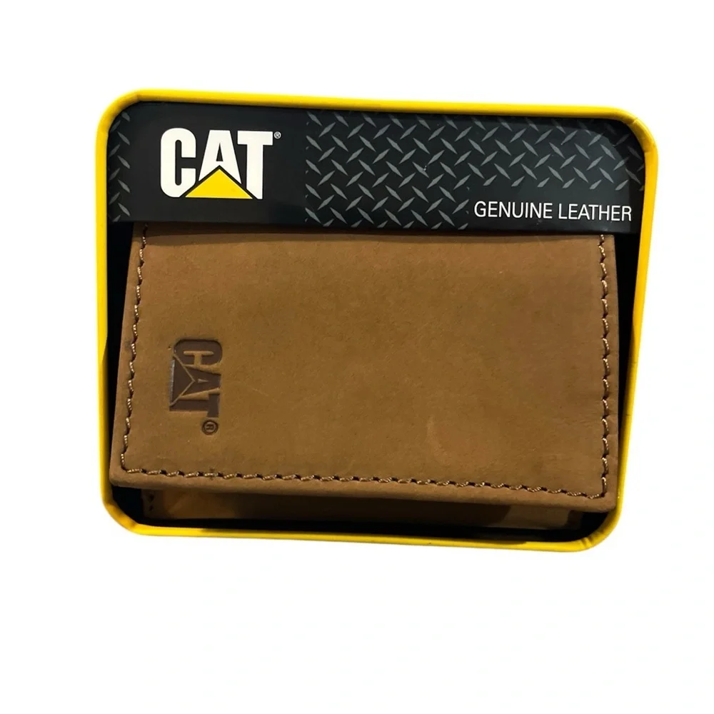 NWT CAT CATERPILLAR GENUINE LEATHER TRIFOLD WALLET WITH RFID SHIELD